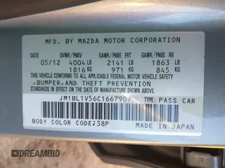 2012 Mazda 3 S Touring with VIN JM1BL1V56C1667907, listed as a IAAI auction lot 41447469 with 93,497 mi miles and . Bid and sale history available at carsss.com. Image 9.