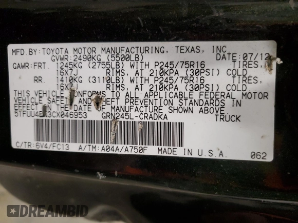 2012 Toyota Tacoma with VIN 5TFUU4EN3CX046953, listed as a Copart auction lot 43916475 with 201,002 mi miles and Salvage Title. Bid and sale history available at carsss.com. Image 13.