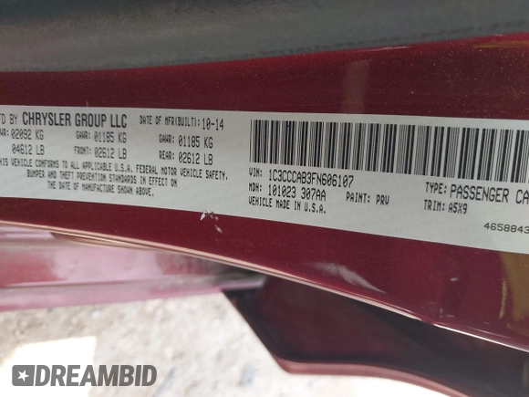 2015 Chrysler 200 Limited with VIN 1C3CCCAB3FN606107, listed as a IAAI auction lot 42062802 with 97,011 mi miles and . Bid and sale history available at DreamBid. Image 9.