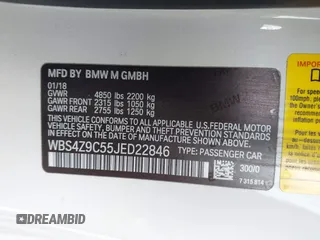 2018 BMW M4 with VIN WBS4Z9C55JED22846, listed as a IAAI auction lot 41688200 with 85,352 mi miles and . Bid and sale history available at DreamBid. Image 9.