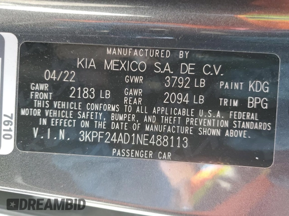 2022 Kia Forte LXS with VIN 3KPF24AD1NE488113, listed as a Copart auction lot 54615215 with 31,004 mi miles and Clean Title. Bid and sale history available at carsss.com. Image 12.