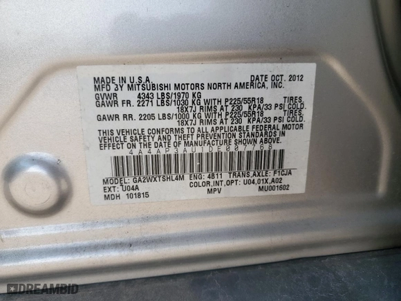 2013 Mitsubishi Outlander Sport ES with VIN 4A4AP3AU1DE007768, listed as a Copart auction lot 45712555 with 84,806 mi miles and Salvage Title. Bid and sale history available at carsss.com. Image 15.