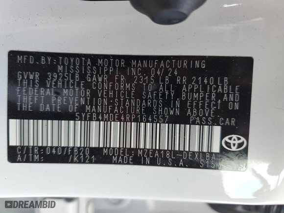 2024 Toyota Corolla LE with VIN 5YFB4MDE4RP164557, listed as a Copart auction lot 53449675 with 26,733 mi miles and Salvage Title. Bid and sale history available at carsss.com. Image 12.