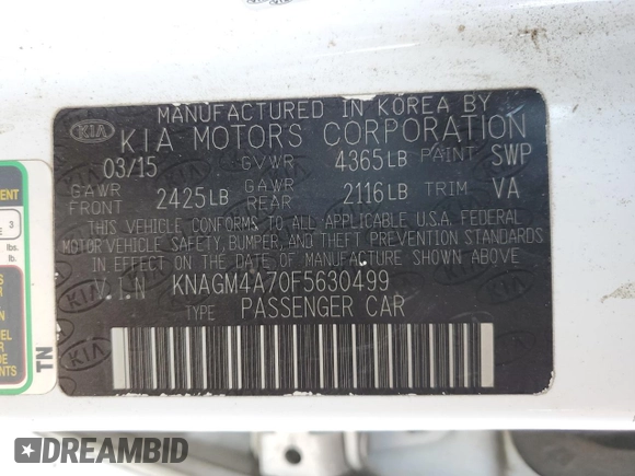 2015 Kia Optima LX with VIN KNAGM4A70F5630499, listed as a Copart auction lot 54708485 with 117,093 mi miles and Clean Title. Bid and sale history available at DreamBid. Image 12.