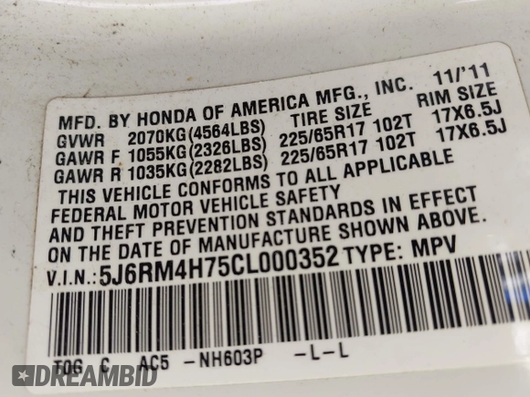2012 Honda CR-V EX-L with VIN 5J6RM4H75CL000352, listed as a IAAI auction lot 42650032 with 117,862 mi miles and . Bid and sale history available at DreamBid. Image 9.