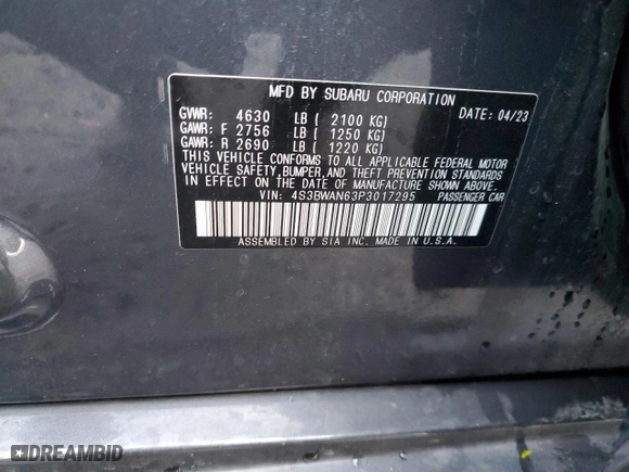 2023 Subaru Legacy Limited with VIN 4S3BWAN63P3017295, listed as a Copart auction lot 81687314 with 11318 miles and Salvage Title. Bid and sale history available at carsss.com. Image 12.
