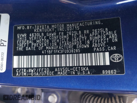 2015 Toyota Camry XLE with VIN 4T1BF1FK3FU938285, listed as a IAAI auction lot 42055997 with 140,636 mi miles. Bid and sale history available at carsss.com. Image 9.