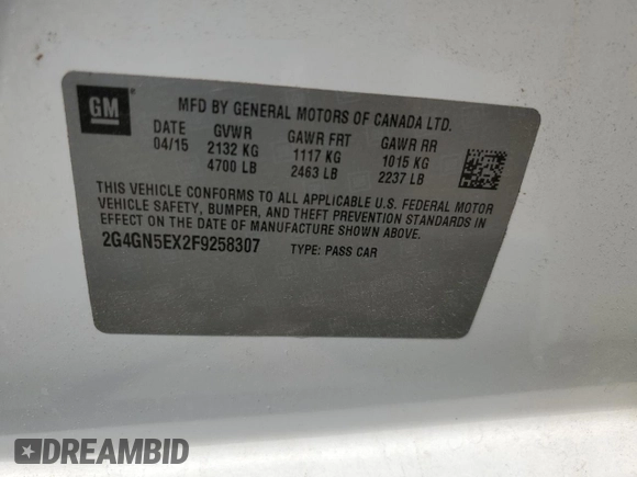 2015 Buick Regal Premium I with VIN 2G4GN5EX2F9258307, listed as a Copart auction lot 60461115 with 128,307 mi miles and Salvage title. Bid and sale history available at DreamBid. Image 12.