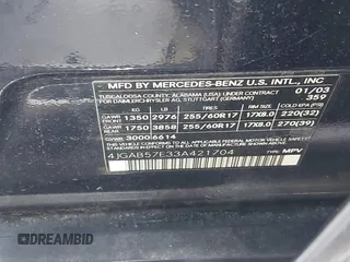 2003 Mercedes-Benz M-Class 3.7L with VIN 4JGAB57E33A421704, listed as a IAAI auction lot 41404597 with 192,078 mi miles. Bid and sale history available at carsss.com. Image 9.