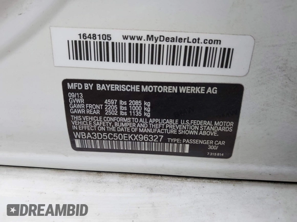 2014 BMW 3 Series 328d xDrive with VIN WBA3D5C50EKX96327, listed as a IAAI auction lot 42050971 with 163,785 mi miles. Bid and sale history available at carsss.com. Image 9.