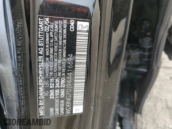 2004 Mercedes-Benz S-Class 4.3L with VIN WDBNG70J94A416694, listed as a Copart auction lot 49502154 with 0 mi miles and Salvage Title. Bid and sale history available at carsss.com. Image 12.