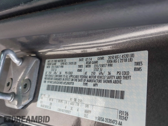 2014 Ford Escape SE with VIN 1FMCU0GX9EUE26575, listed as a IAAI auction lot 41846411 with 188,386 mi miles. Bid and sale history available at carsss.com. Image 9.
