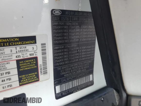 2016 Land Rover Range Rover Sport HSE with VIN SALWR2PF0GA656721, listed as a Copart auction lot 57646675 with 88,259 mi miles and Clean title. Bid and sale history available at DreamBid. Image 13.