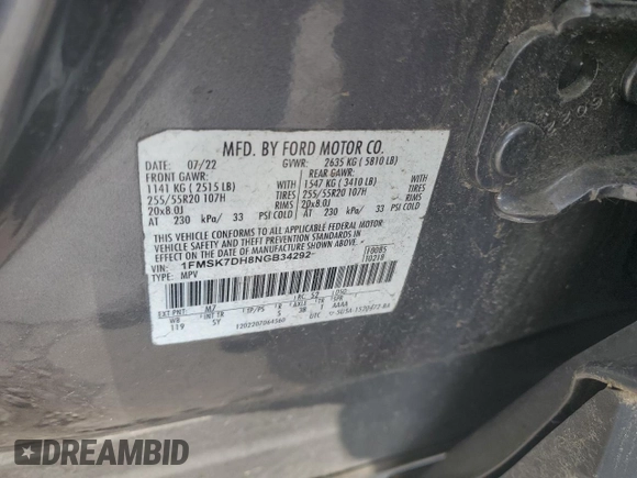 2022 Ford Explorer XLT with VIN 1FMSK7DH8NGB34292, listed as a Copart auction lot 53643735 with 55,726 mi miles and Salvage Title. Bid and sale history available at carsss.com. Image 13.