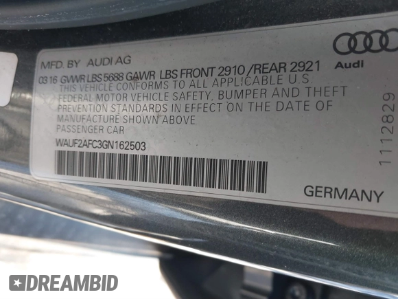 2016 Audi S6 Premium Plus with VIN WAUF2AFC3GN162503, listed as a IAAI auction lot 41451887 with 91,879 mi miles. Bid and sale history available at carsss.com. Image 9.
