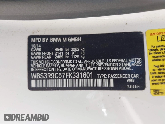 2015 BMW M4 with VIN WBS3R9C57FK331601, listed as a IAAI auction lot 42403644 with 78,794 mi miles and . Bid and sale history available at DreamBid. Image 9.