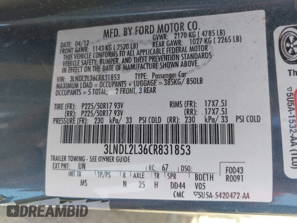 2012 Lincoln MKZ Hybrid with VIN 3LNDL2L36CR831853, listed as a IAAI auction lot 41716703 with 35,795 mi miles and . Bid and sale history available at carsss.com. Image 9.