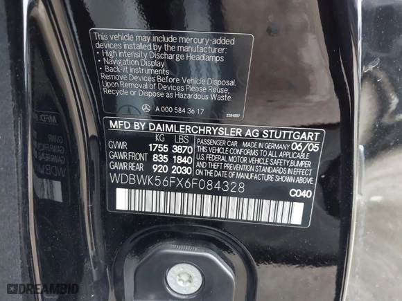 2006 Mercedes-Benz SLK-Class 3.5L with VIN WDBWK56FX6F084328, listed as a IAAI auction lot 41570145 with 104,929 mi miles. Bid and sale history available at carsss.com. Image 9.
