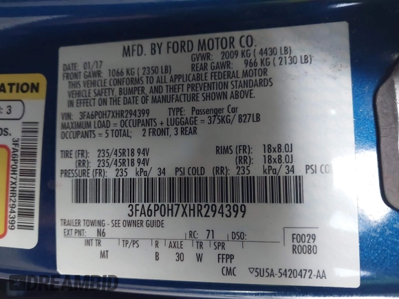 2017 Ford Fusion SE with VIN 3FA6P0H7XHR294399, listed as a IAAI auction lot 42034529 with 58,246 mi miles. Bid and sale history available at carsss.com. Image 9.