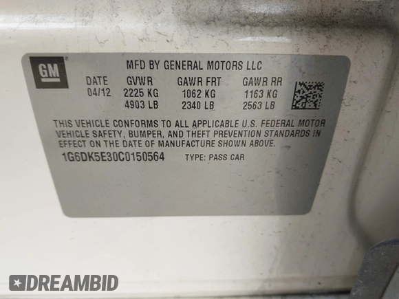 2012 Cadillac CTS Performance with VIN 1G6DK5E30C0150564, listed as a IAAI auction lot 41688865 with 150,665 mi miles and . Bid and sale history available at DreamBid. Image 9.