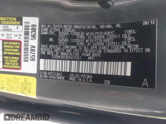 2013 Toyota Sienna XLE AAS with VIN 5TDYK3DC8DS401561, listed as a IAAI auction lot 41990044 with 214,111 mi miles and . Bid and sale history available at DreamBid. Image 9.