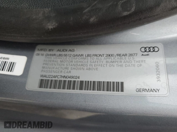 2017 Audi A7 Prestige with VIN WAU22AFC7HN049024, listed as a Copart auction lot 82763423 with 53,322 mi miles. Bid and sale history available at carsss.com. Image 12.