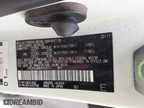 2017 Toyota 4Runner SR5 with VIN JTEZU5JR4H5153111, listed as a IAAI auction lot 41520352 with 114,705 mi miles and . Bid and sale history available at DreamBid. Image 9.