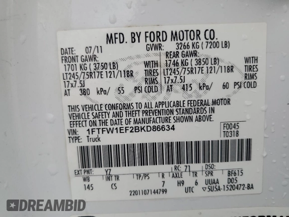 2011 Ford F-150 XL with VIN 1FTFW1EF2BKD86634, listed as a Copart auction lot 61778485 with 181,009 mi miles and Salvage title. Bid and sale history available at DreamBid. Image 12.
