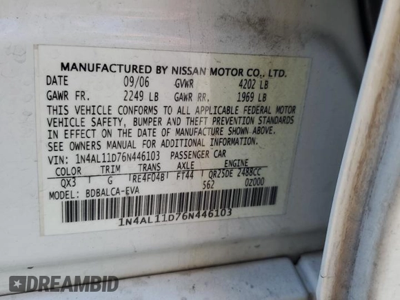 2006 Nissan Altima S with VIN 1N4AL11D76N446103, listed as a Copart auction lot 59372325 with 171,903 mi miles and Salvage title. Bid and sale history available at DreamBid. Image 12.
