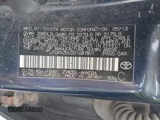 2013 Toyota Prius One with VIN JTDKN3DU2D1687801, listed as a IAAI auction lot 40650178 with 58,017 mi miles and . Bid and sale history available at DreamBid. Image 9.