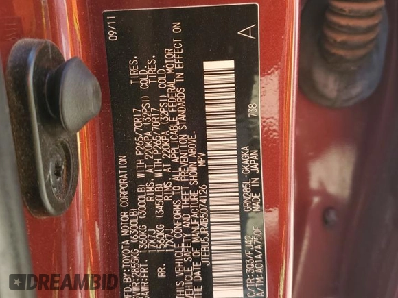 2011 Toyota 4Runner Trail z VIN JTEBU5JR4B5074126, wystawiony jako Copart lot #57718015 z przebiegiem 232 870 mil mil oraz Szkoda całkowita • Salvage title. Historia ofert i sprzedaży dostępna na DreamBid. Obrazek 13.