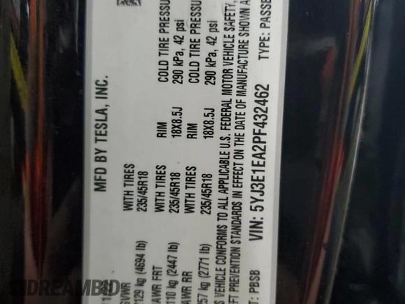 2023 Tesla Model 3 с VIN 5YJ3E1EA2PF432462, выставлен на аукционе Copart как лот 58579035 с пробегом 126 482 миль миль и Списание • Salvage title. История ставок и продаж доступна на DreamBid. Изображение 12.