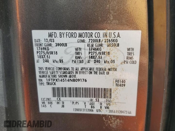 2004 Ford F-150 XLT z VIN 1FTPX14514NB09176, wystawiony jako Copart lot #58732195 z przebiegiem 244 292 mil mil oraz Szkoda całkowita • Salvage title. Historia ofert i sprzedaży dostępna na DreamBid. Obrazek 12.