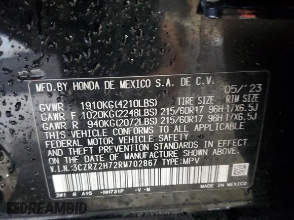 2024 Honda HR-V EX-L with VIN 3CZRZ2H72RM702867, listed as a Copart auction lot 57710695 with 22,598 mi miles and Salvage title. Bid and sale history available at DreamBid. Image 14.