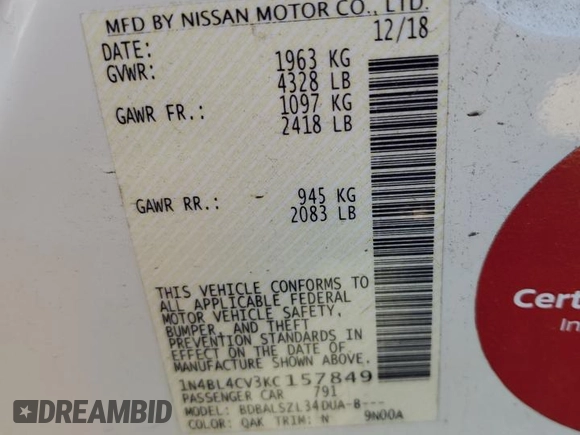 2019 Nissan Altima SR with VIN 1N4BL4CV3KC157849, listed as a Copart auction lot 47250495 with 111,094 mi miles and Salvage Title. Bid and sale history available at carsss.com. Image 12.