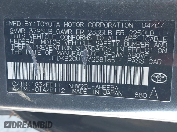 2007 Toyota Prius with VIN JTDKB20U173258165, listed as a IAAI auction lot 42066288 with 219,307 mi miles. Bid and sale history available at carsss.com. Image 9.