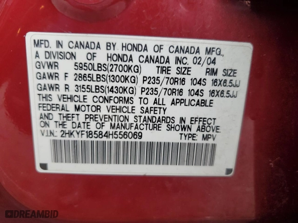 2004 Honda Pilot EX with VIN 2HKYF18584H556069, listed as a Copart auction lot 53141105 with 306,782 mi miles and Salvage Title. Bid and sale history available at carsss.com. Image 15.