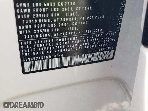 2022 Volkswagen Tiguan SE R-Line Black with VIN 3VV8B7AX1NM103449, listed as a Copart auction lot 47596495 with 29,628 mi miles and Salvage Title. Bid and sale history available at DreamBid. Image 14.