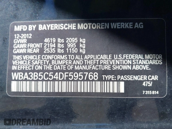 2013 BMW 3 Series 328i xDrive with VIN WBA3B5C54DF595768, listed as a IAAI auction lot 41856610 with 1 mi miles. Bid and sale history available at carsss.com. Image 9.