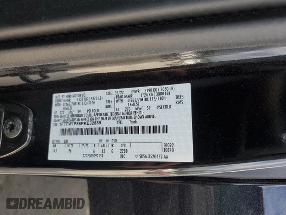 2023 Ford F-150 with VIN 1FTFW1P86PKE32889, listed as a Copart auction lot 58218774 with Not provided miles and Non repairable. Bid and sale history available at DreamBid. Image 12.
