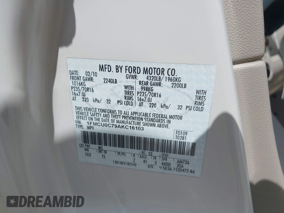 2010 Ford Escape XLS with VIN 1FMCU0C79AKC16103, listed as a IAAI auction lot 42599420 with 179,793 mi miles and . Bid and sale history available at DreamBid. Image 9.