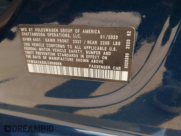 2020 Volkswagen Passat SE with VIN 1VWSA7A33LC009556, listed as a IAAI auction lot 40989431 with 96,540 mi miles and . Bid and sale history available at DreamBid. Image 9.