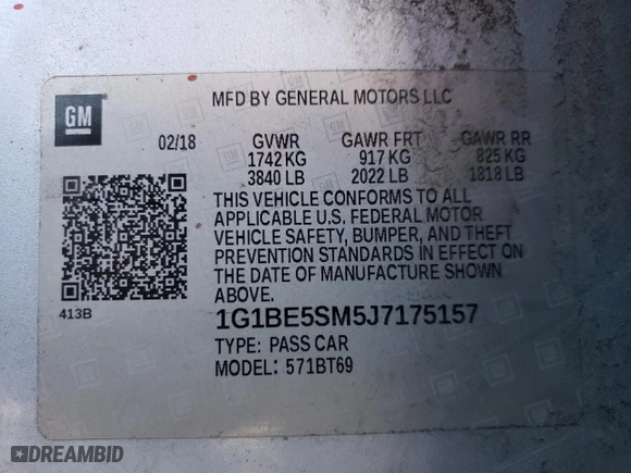 2018 Chevrolet Cruze LT with VIN 1G1BE5SM5J7175157, listed as a Copart auction lot 42557895 with 169,975 mi miles and Salvage Title. Bid and sale history available at carsss.com. Image 12.