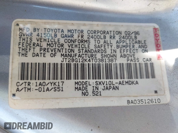 1996 Toyota Camry DX with VIN JT2BG12K4T0381387, listed as a IAAI auction lot 41866017 with 177,198 mi miles. Bid and sale history available at carsss.com. Image 9.