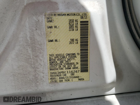 2014 Nissan Altima S with VIN 1N4AL3AP9EC116267, listed as a Copart auction lot 50565465 with 272,019 mi miles and Salvage Title. Bid and sale history available at DreamBid. Image 12.