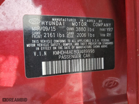 2016 Hyundai Elantra Value Edition with VIN KMHDH4AE8GU489998, listed as a Copart auction lot 46867675 with 168,539 mi miles and Salvage Title. Bid and sale history available at carsss.com. Image 14.