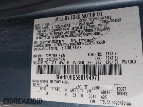 2011 Ford Fusion SE with VIN 3FAHP0HG5BR194971, listed as a IAAI auction lot 42038454 with 133,092 mi miles. Bid and sale history available at carsss.com. Image 9.
