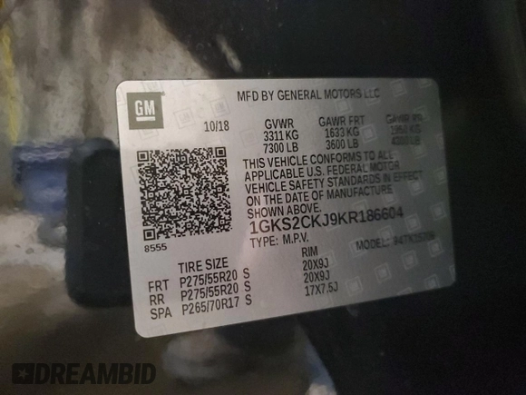 2019 GMC Yukon Denali with VIN 1GKS2CKJ9KR186604, listed as a Copart auction lot 73211694 with 110,069 mi miles and Salvage Title. Bid and sale history available at carsss.com. Image 16.