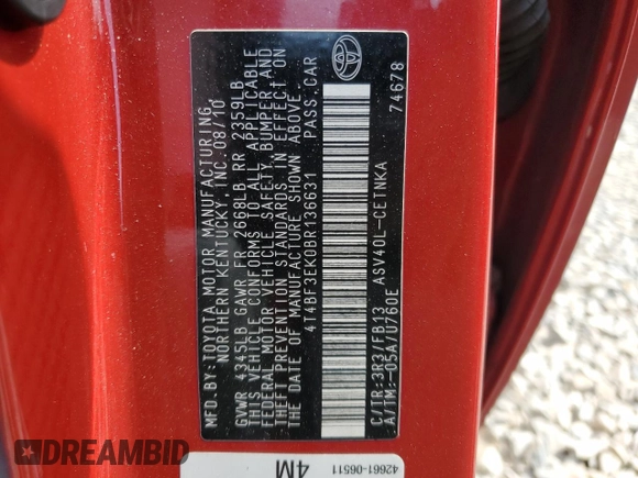2011 Toyota Camry LE with VIN 4T4BF3EK0BR136631, listed as a Copart auction lot 59562895 with 227,258 mi miles and Salvage title. Bid and sale history available at DreamBid. Image 13.