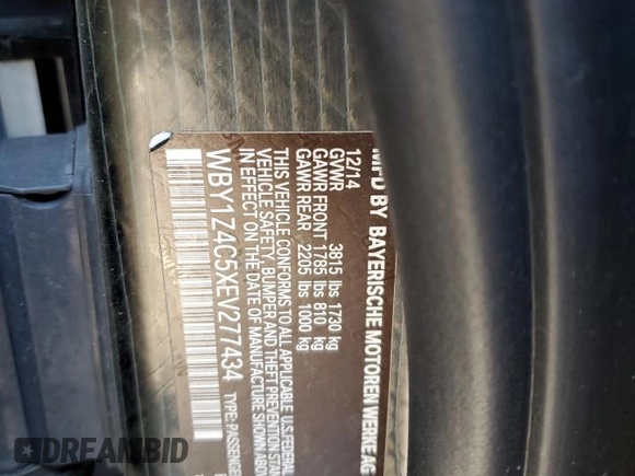 2014 BMW i3 with VIN WBY1Z4C5XEV277434, listed as a Copart auction lot 65808945 with 95,247 mi miles and Clean title. Bid and sale history available at DreamBid. Image 12.